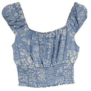 Altar'd State Crop Top Dusty Blue Floral Print Smocked Sleeveless Cropped Blouse